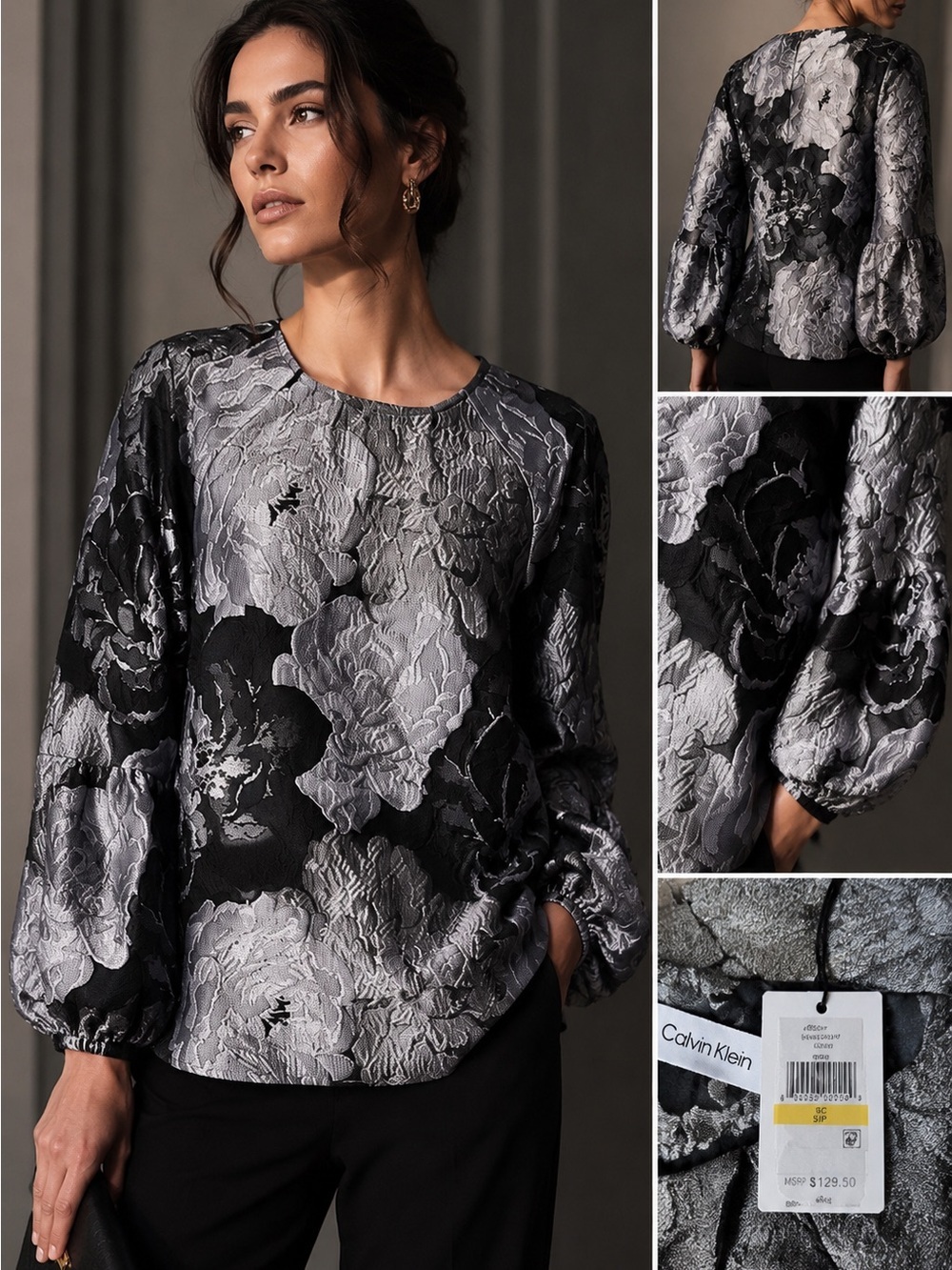 Calvin Klein Floral Jacquard Puff-Sleeve Blouse
